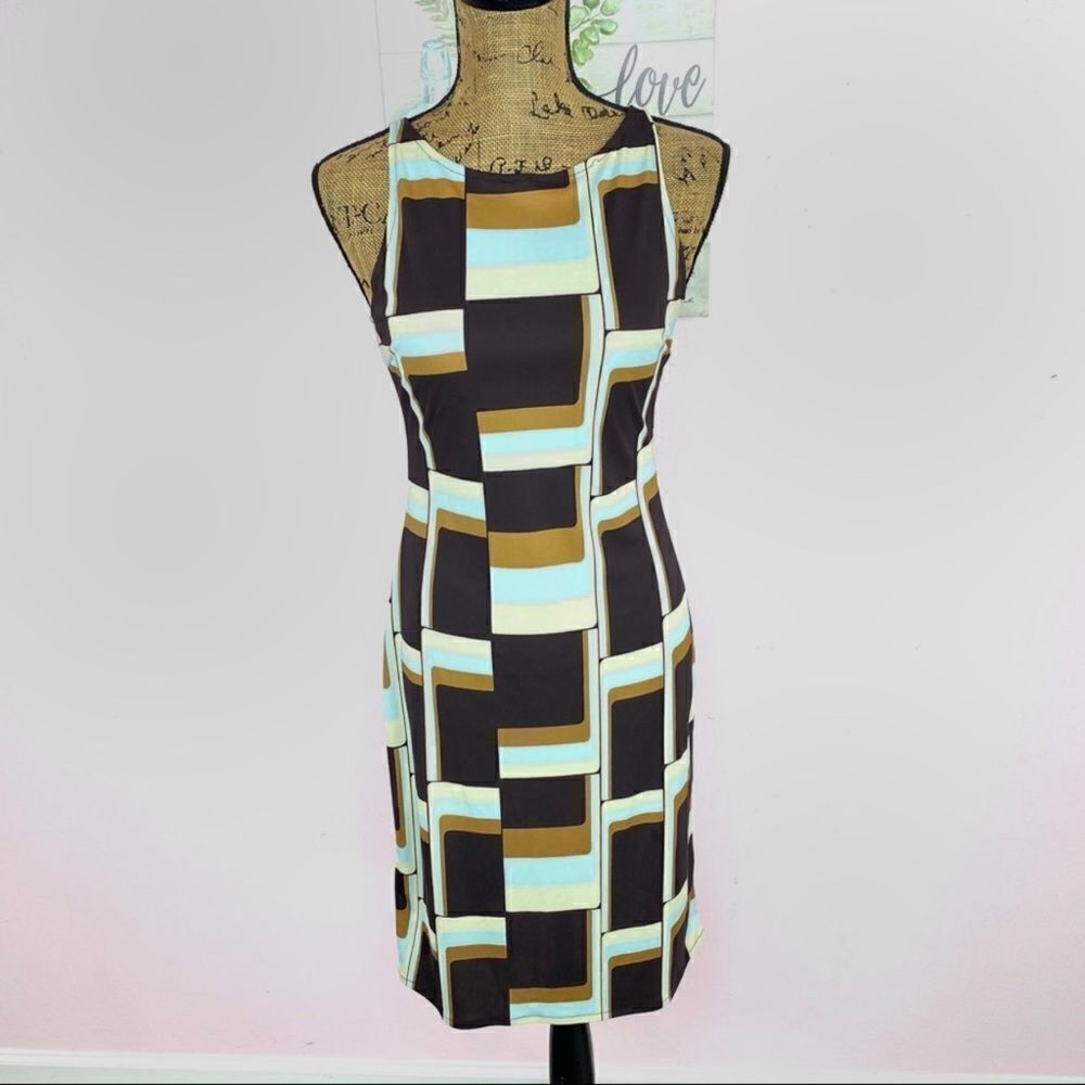 Kenneth Cole Retro‎ Print Sleeveless Sheath Dress Brown Multi Small